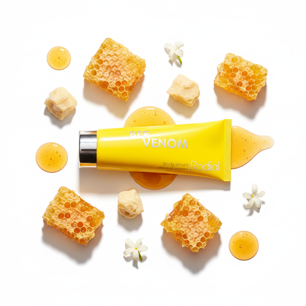 Rodial Bee Venom Firming Body Serum 200ml yellow tube flat lay with honeycomb and honey drops