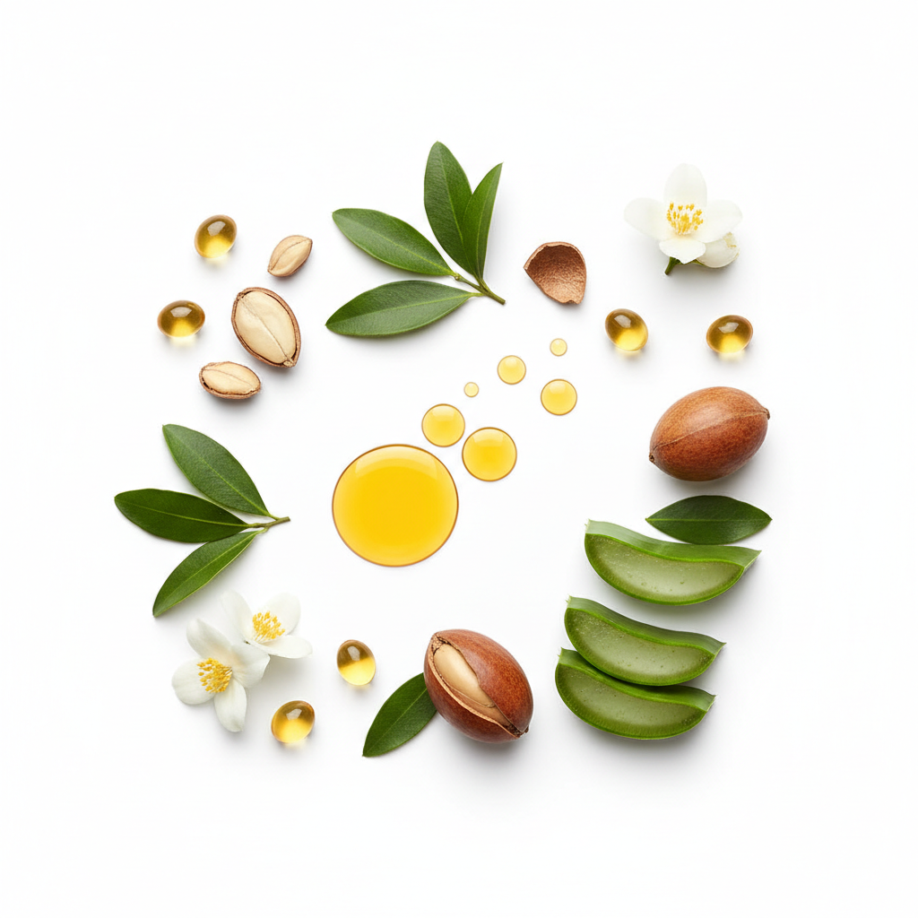 Moroccanoil Hydration key ingredients: argan oil drops, argan nuts, aloe vera and botanicals flat lay
