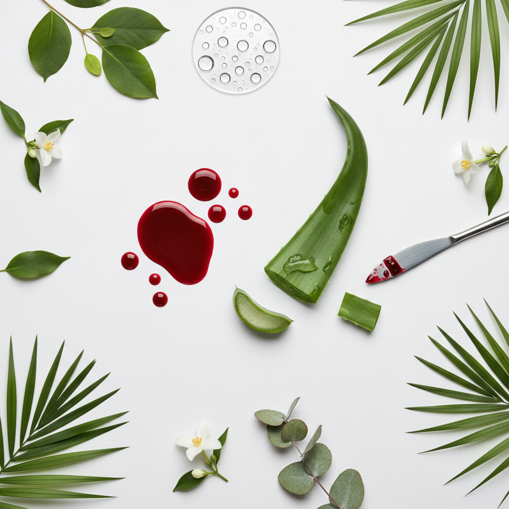 Rodial Dragon's Blood key ingredients: dragon blood resin, aloe vera, hyaluronic acid and botanicals flat lay