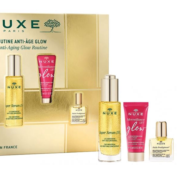 Nuxe skincare product set with packaging on a white background