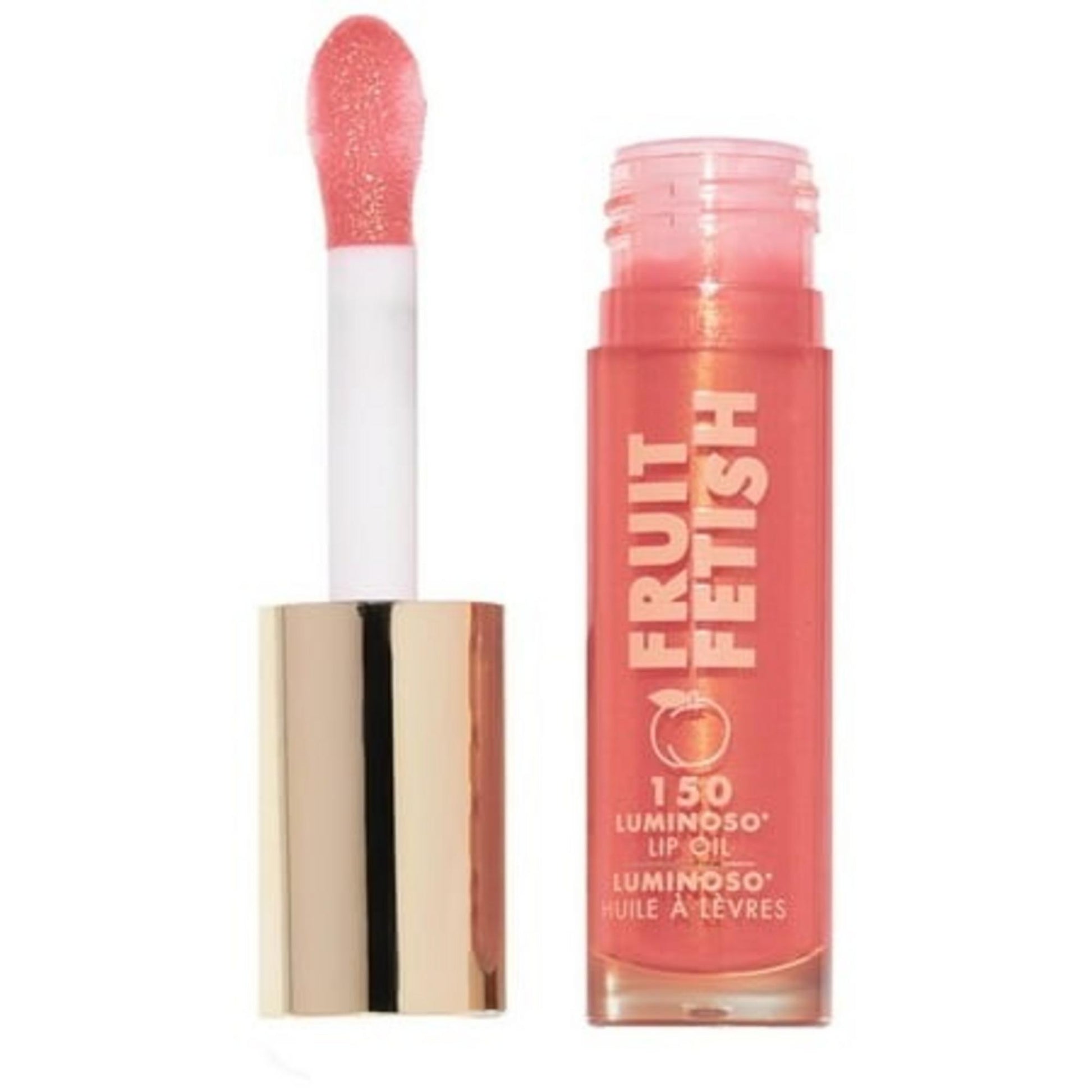 Lip oil with applicator and visible brand name on a white background