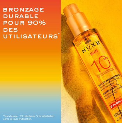 Nuxe sun tanning oil bottle with text on a gradient background