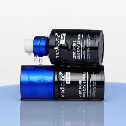 Two bottles of MediCube Zero Pore One Day Serum on a light gray background