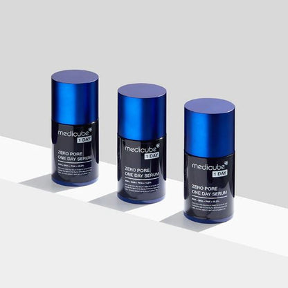 Three bottles of Medicube Zero Pore One Day Serum on a white background
