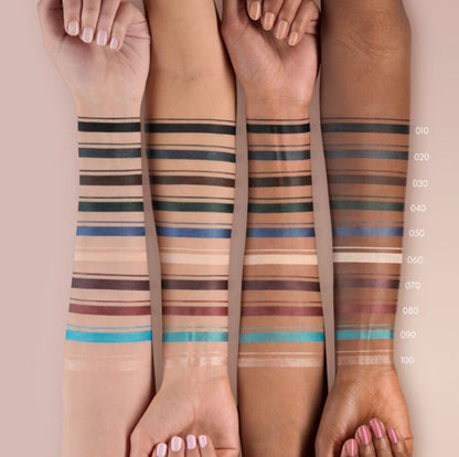 Three pairs of legs with striped tights on a beige background, showing a color swatch scale.