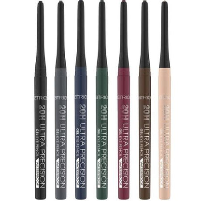 Set of eight ultra-precision gel eyeliner pencils in various colors on a white background
