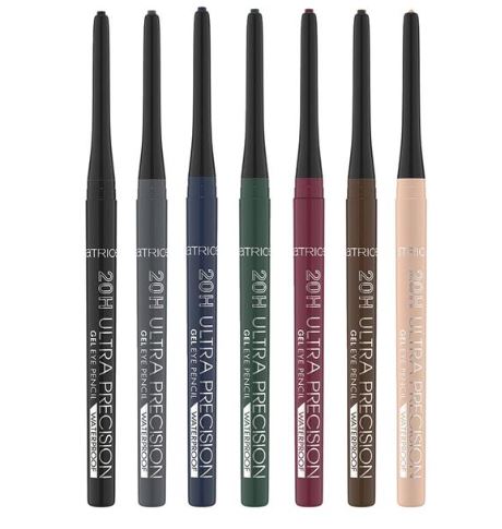 Set of eight ultra-precision gel eyeliner pencils in various colors on a white background