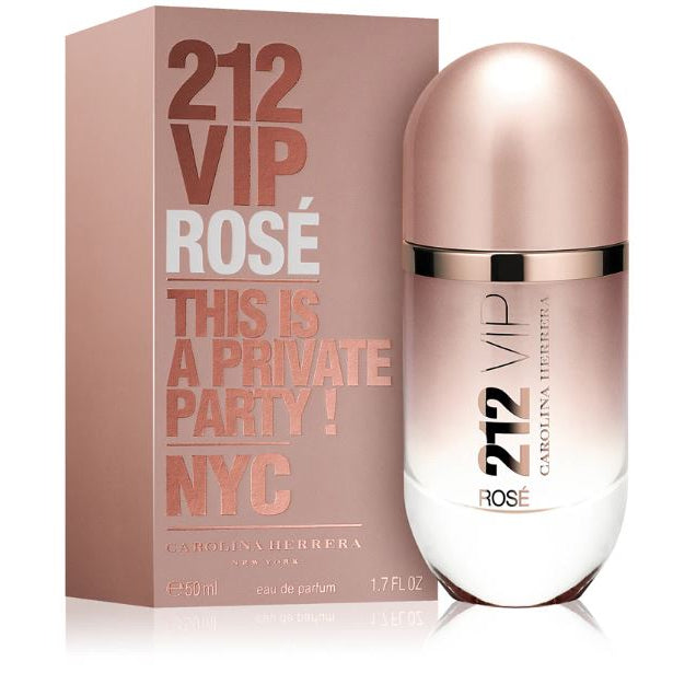 Carolina Herrera 212 VIP Rosé perfume bottle and packaging on a white background