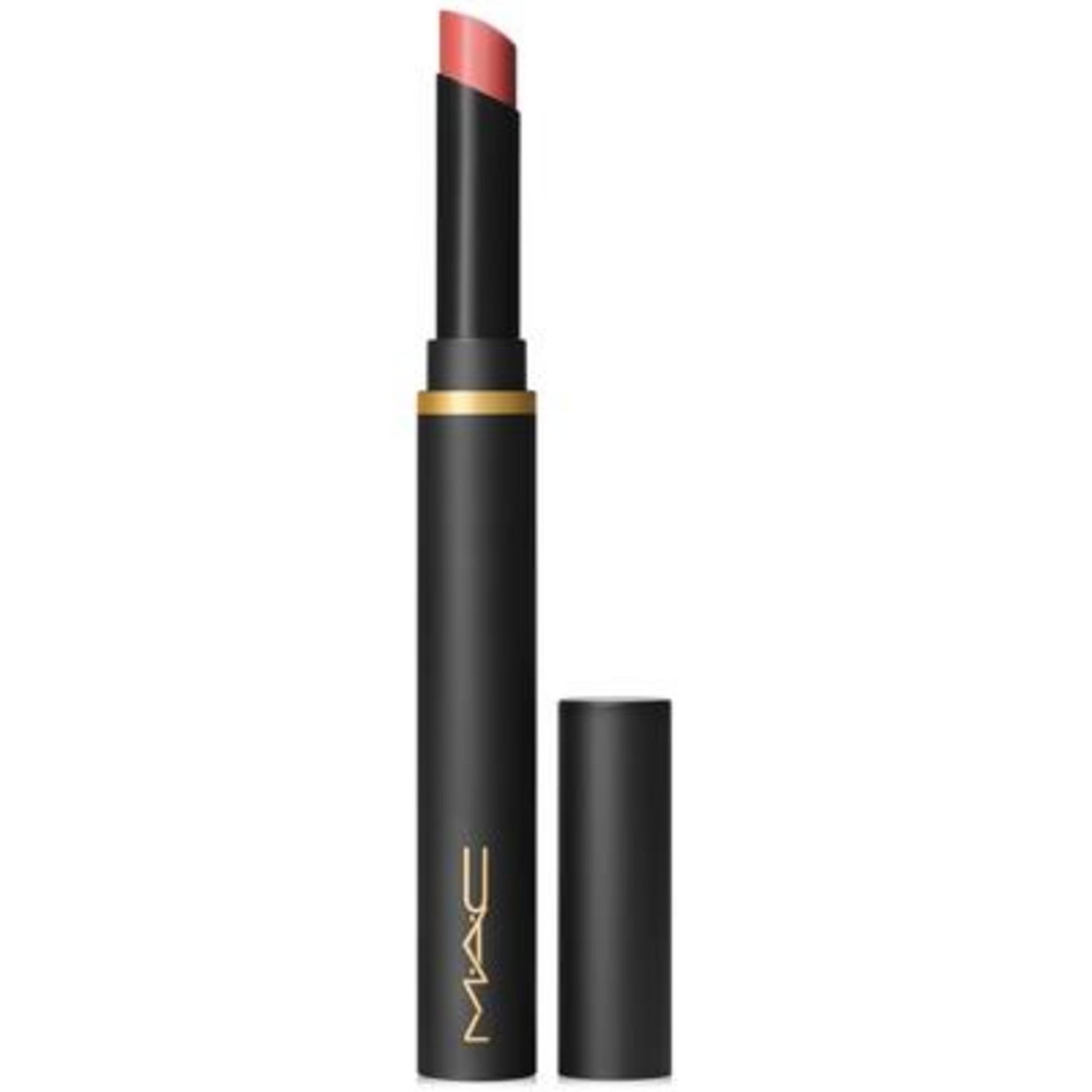MAC lipstick with black casing and gold accent on a white background