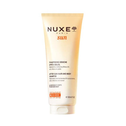 Nuxe sun after-sun hair and body shampoo tube on a white background