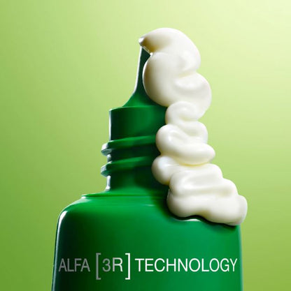 Green bottle with white cream on a green background, featuring 'ALFA [3R] TECHNOLOGY'.
