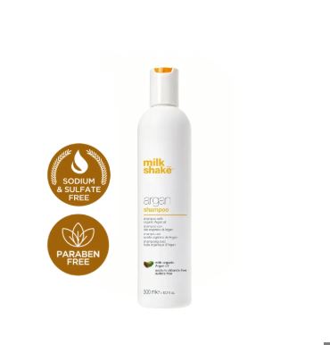 Milk Shake Argan Shampoo bottle with 'Sodium & Sulfate Free' and 'Paraben Free' labels on a white background