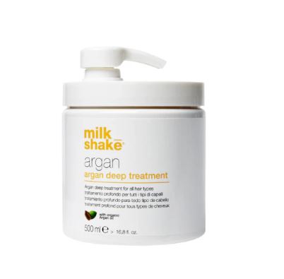 Milk Shake Argan Deep Treatment jar with pump on a white background