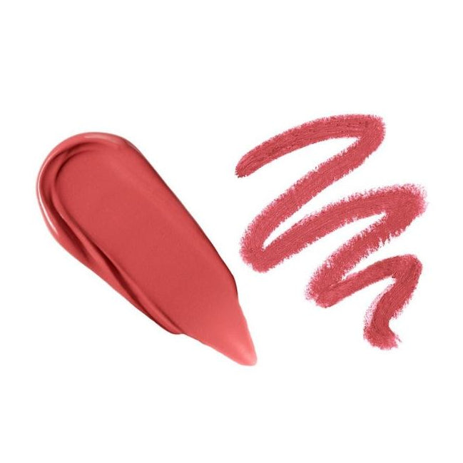 Lipstick swatch with a wavy line on a white background
