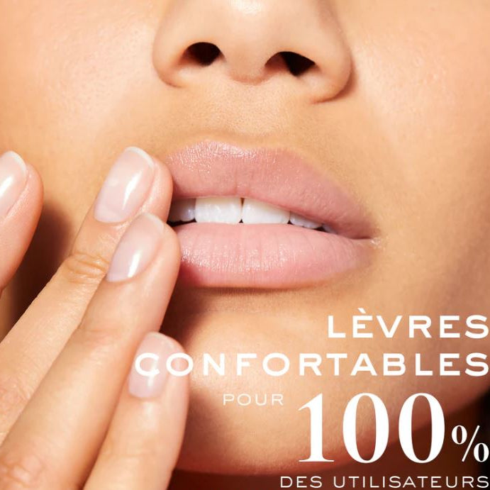 Close-up of a person's lips with a finger touching them, promotional text for lip product.