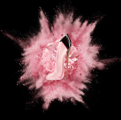 Pink feathered object with a logo on a black background