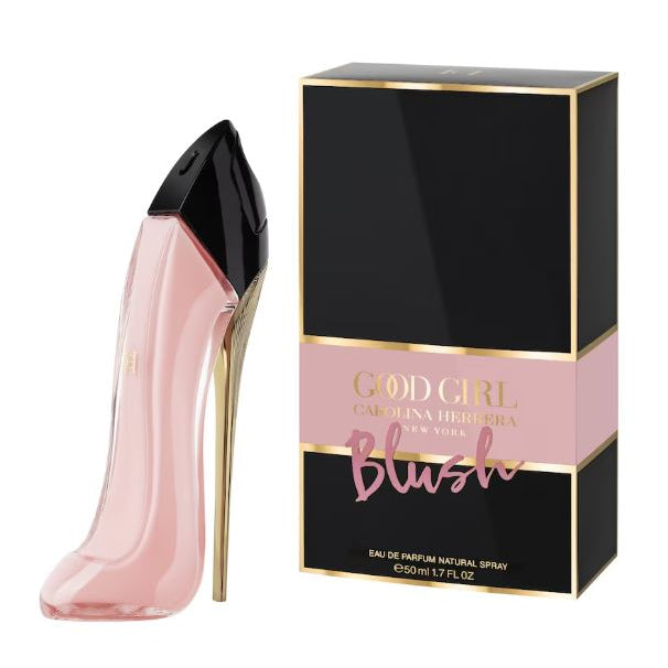 Pink high-heeled shoe-shaped perfume bottle with 'Good Girl Blush' packaging on a white background