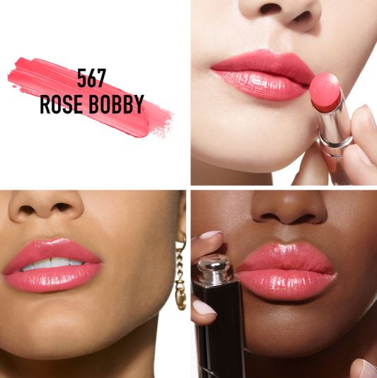 Lipstick with '567 Rose Bobby' color swatch and application on lips.