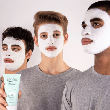 Three men wearing face masks with a Byphasse product in the foreground.