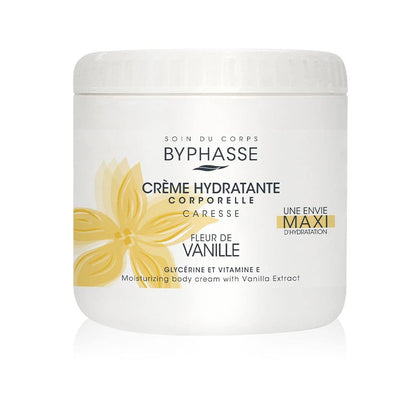 Byphasse moisturizing body cream jar with vanilla extract on a white background