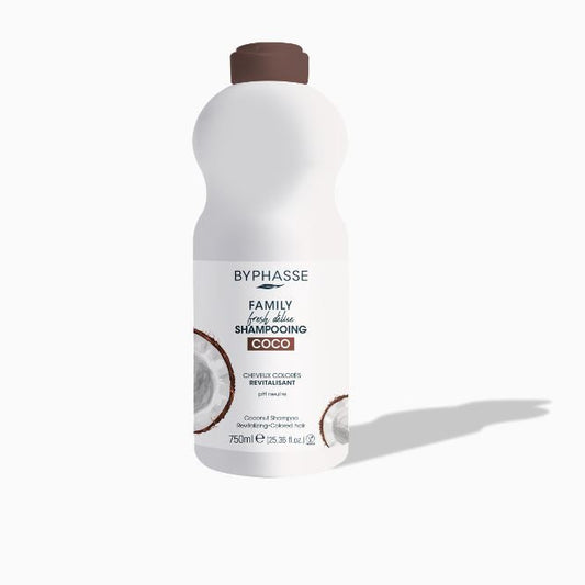 Byphasse Family Fresh Deluxe Shampoo bottle with coconut design on a white background