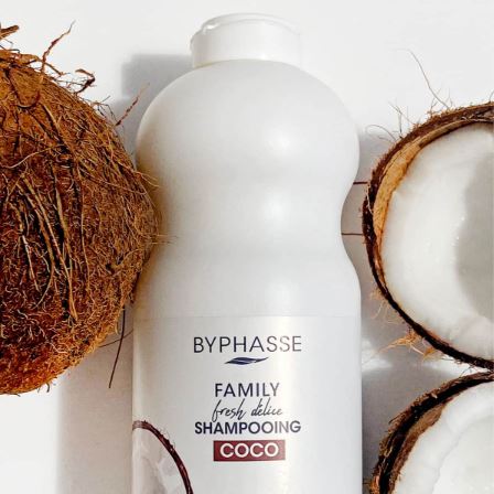 Byphasse Coco shampoo bottle with coconuts on a white background