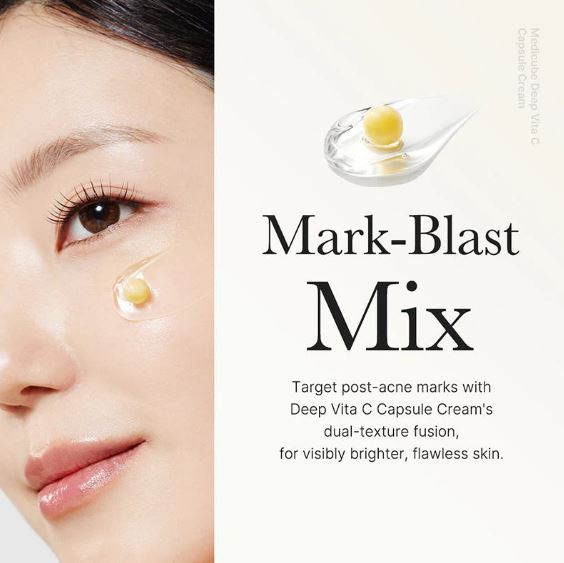 Advertisement for Mark-Blast Mix with a close-up of a person's eye and text about Deep Vita C Capsule Cream.