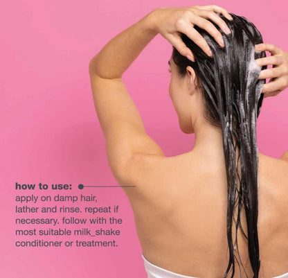 Person applying shampoo to their hair with a pink background and text on how to use shampoo.