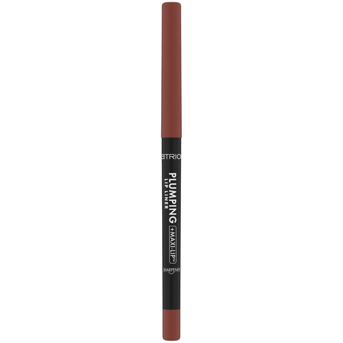 Lip liner pencil with brown tip and black casing on a white background