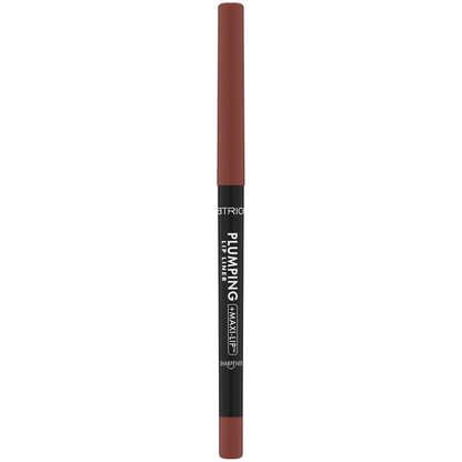 Lip liner pencil with brown tip and black casing on a white background