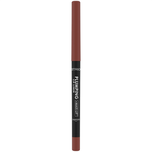Lip liner pencil with brown tip and black casing on a white background