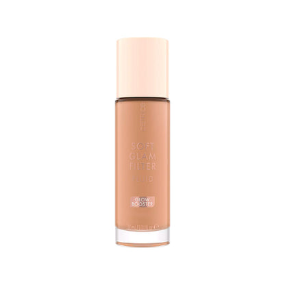 Foundation bottle with a beige cap and body on a white background
