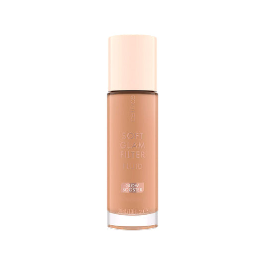 Foundation bottle with a beige cap and body on a white background