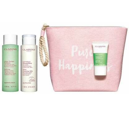 Clarins skincare products with a pink pouch on a white background