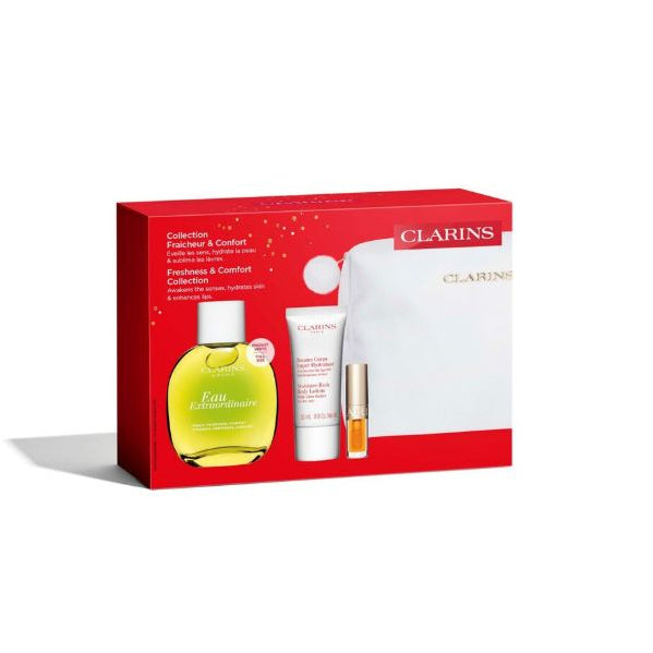 Clarins skincare set with red box on a white background