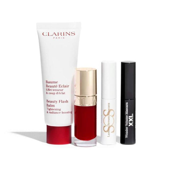 Set of Clarins skincare and makeup products on a white background