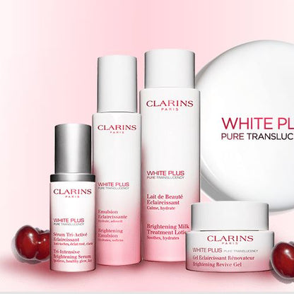 Clarins White Plus skincare products on a pink background