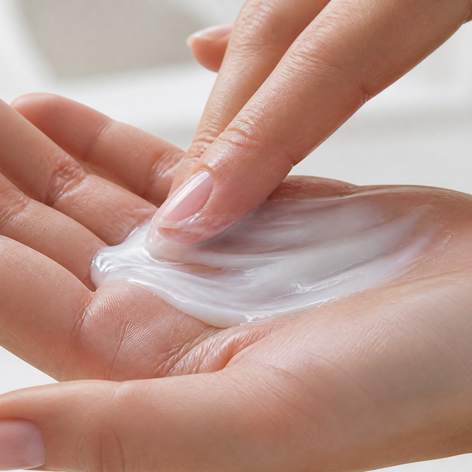 Person applying a white cream or lotion to their hand on a light background