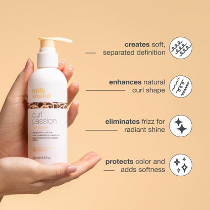 Hand holding a bottle of 'milk shake' curl passion product with text on a beige background