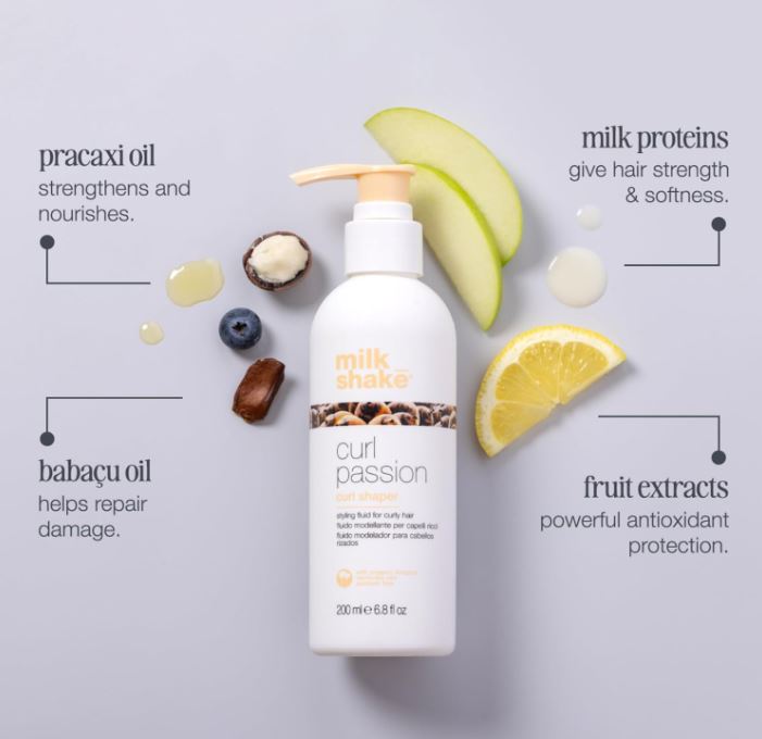 Shampoo bottle with ingredients and benefits on a light gray background