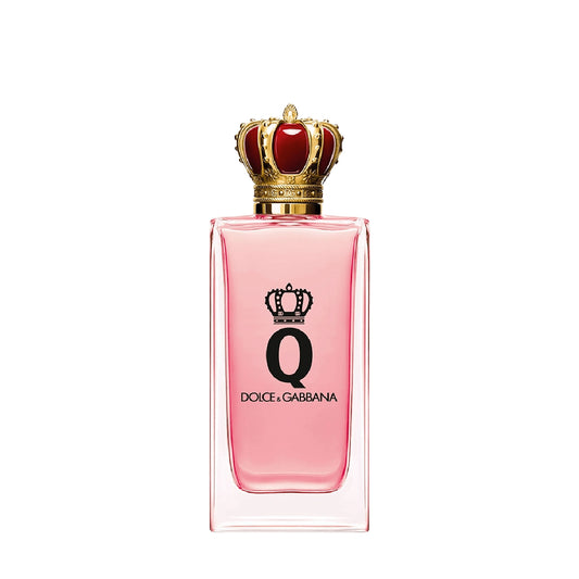 Dolce & Gabbana perfume bottle with pink body and gold and red cap on a white background