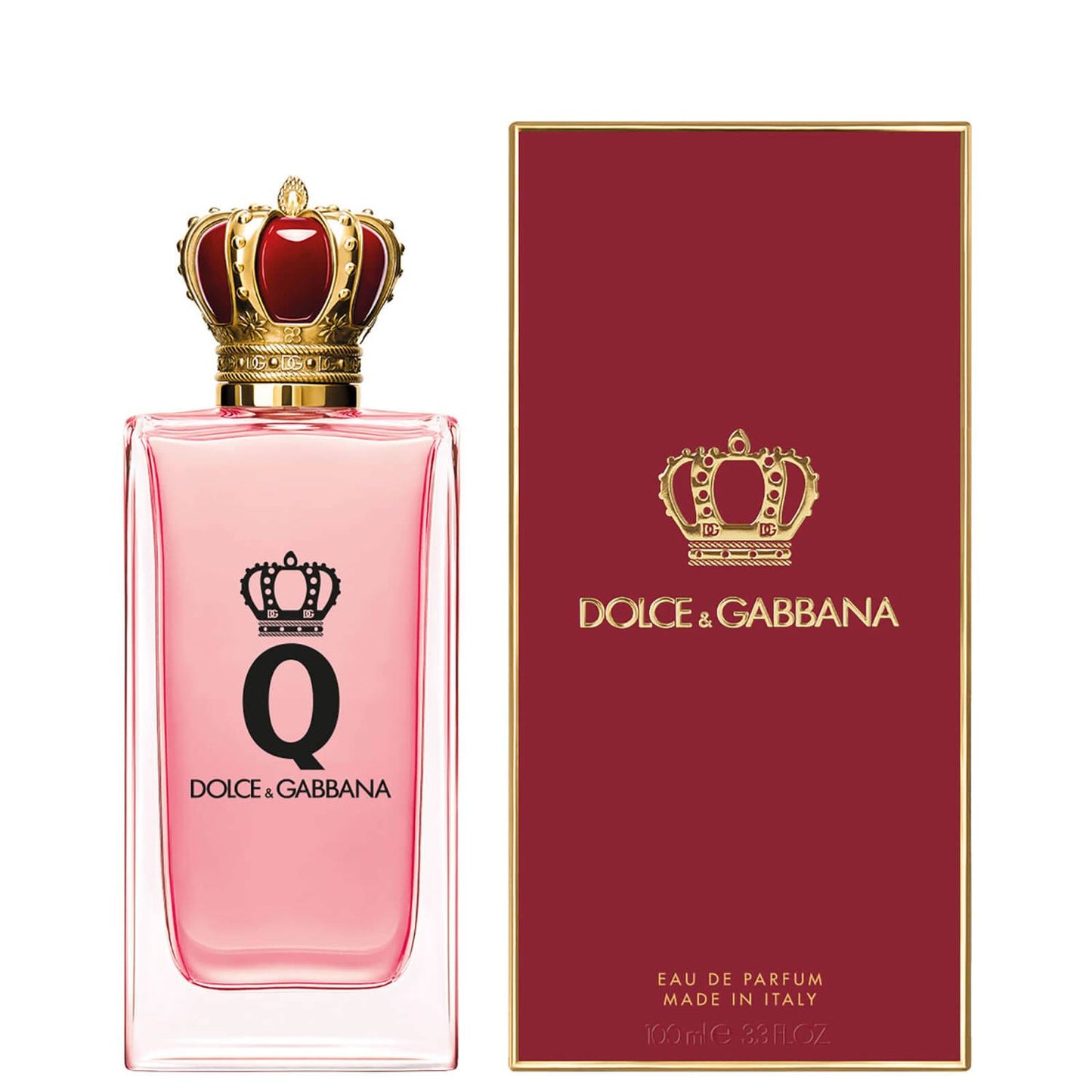 Dolce & Gabbana perfume bottle and packaging with a red and gold design.