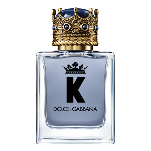 Dolce & Gabbana K perfume bottle with decorative cap on a white background
