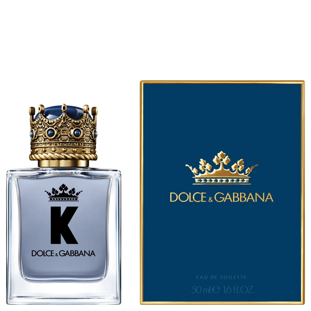 Dolce & Gabbana K perfume bottle with packaging on a white background