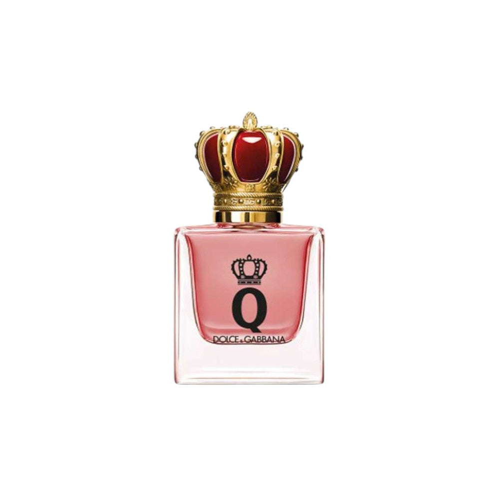 Perfume bottle with a decorative crown on a white background