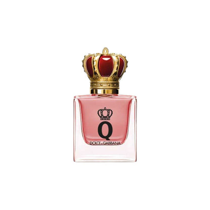 Perfume bottle with a decorative crown on a white background