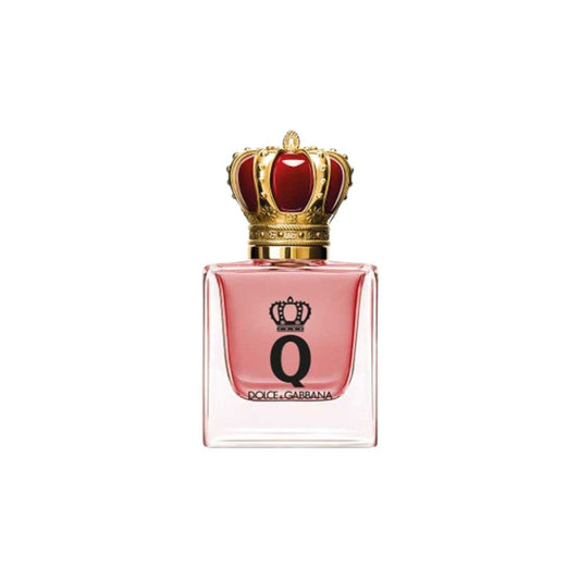 Perfume bottle with a decorative crown on a white background