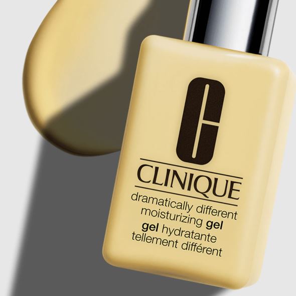 Clinique moisturizing gel bottle on a gradient background