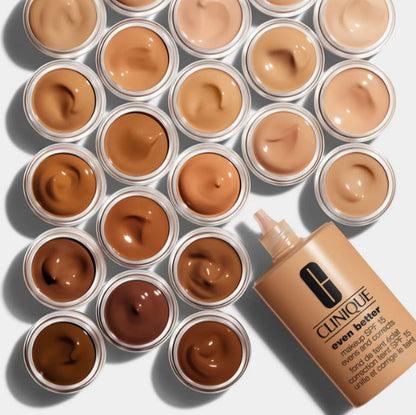 Collection of Clinique foundation samples in various shades on a white background