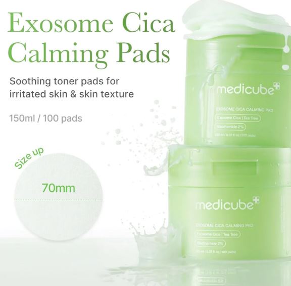 Medicube Exosome Cica Calming Pads packaging with product details on a white background